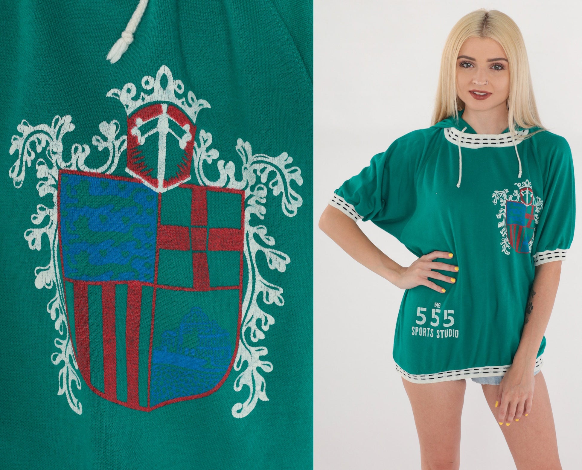 90s 555 Sports Studio Hooded T-Shirt Green Ringer Crest Graphic Large