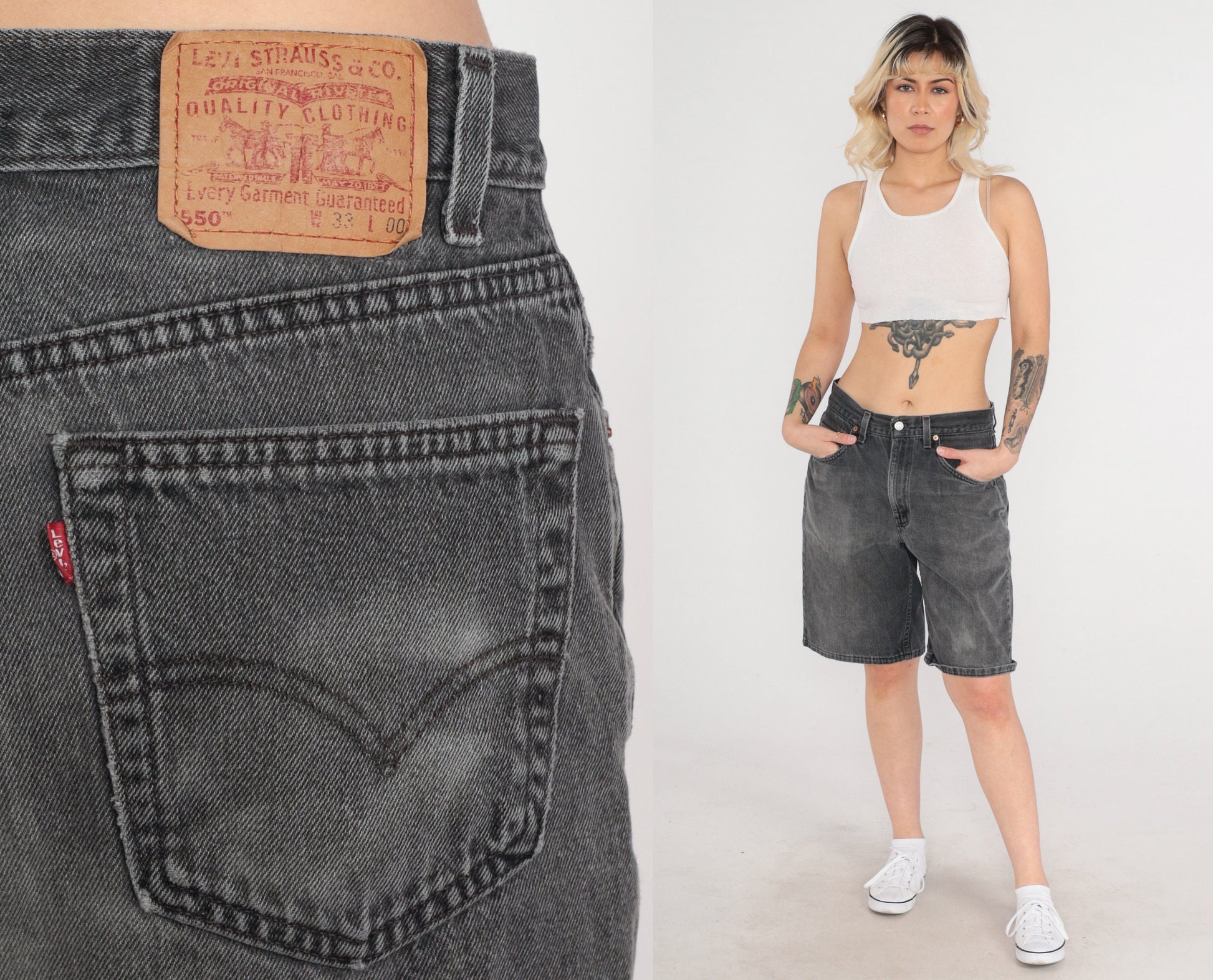 90s Levi's 550 Black Denim Shorts High Rise Knee Length 33