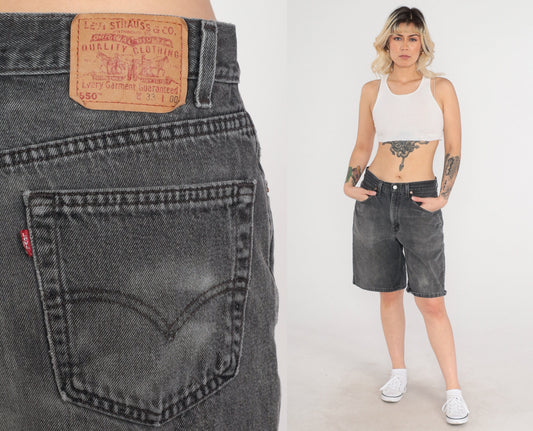 90s Levi's 550 Black Denim Shorts High Rise Knee Length 33