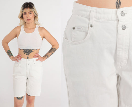 90s Lee White Denim Shorts High Waist Knee Length Small 28