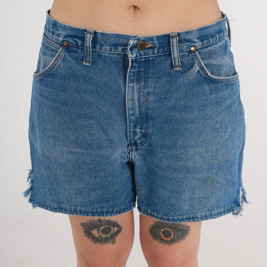 80s Wrangler High Waisted Denim Shorts Blue Frayed Cutoff XL