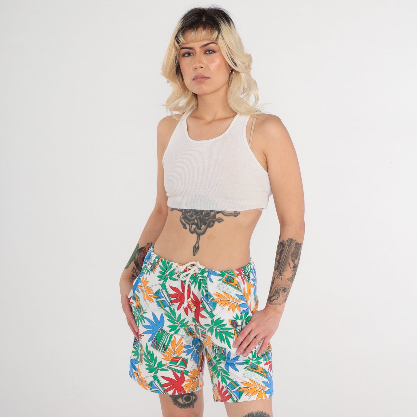 90s Tropical Leaf Boat Print Cotton Shorts High Waist Drawstring White Medium