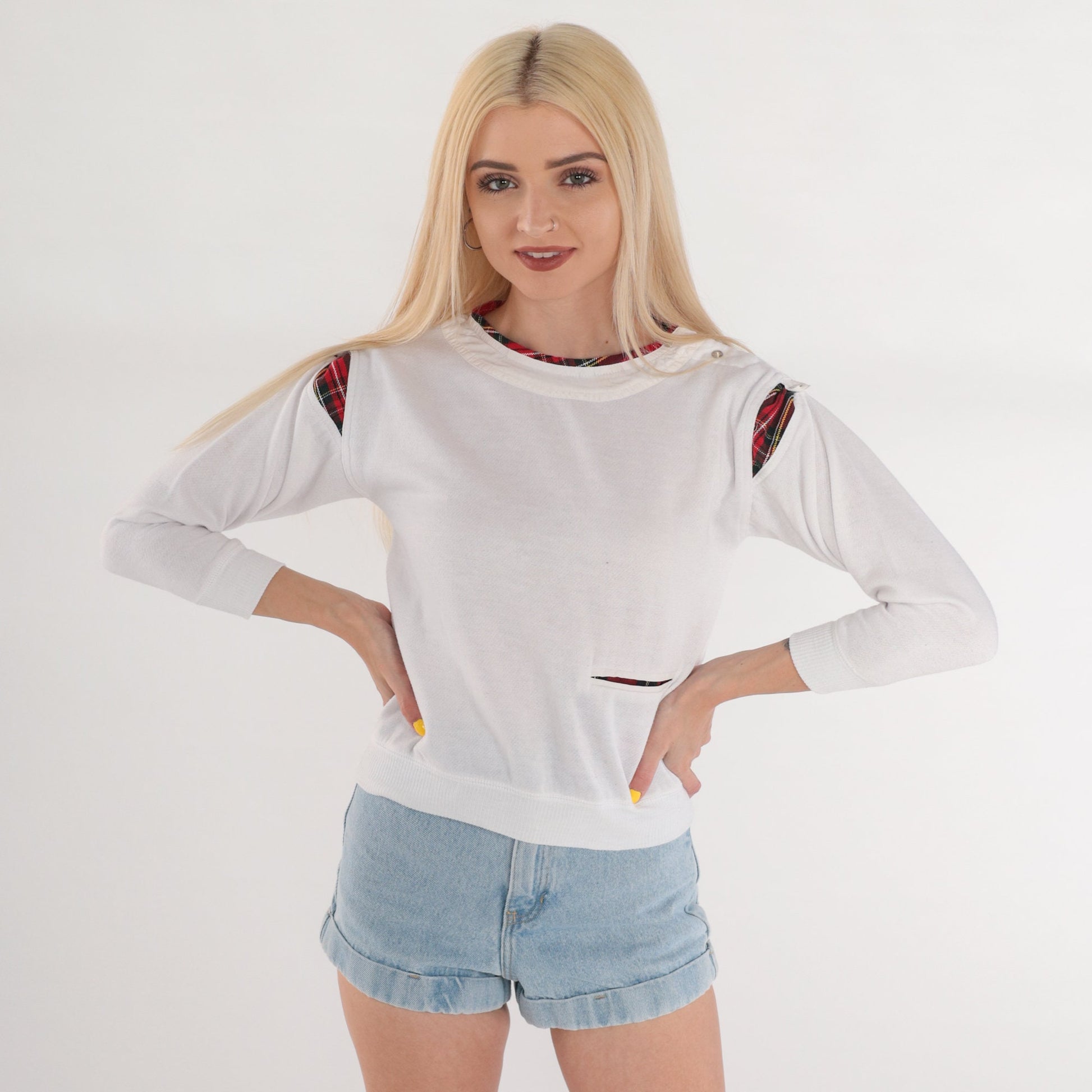 90s White Red Plaid Crewneck Sweatshirt Shoulder Snap Long Sleeve Extra Small