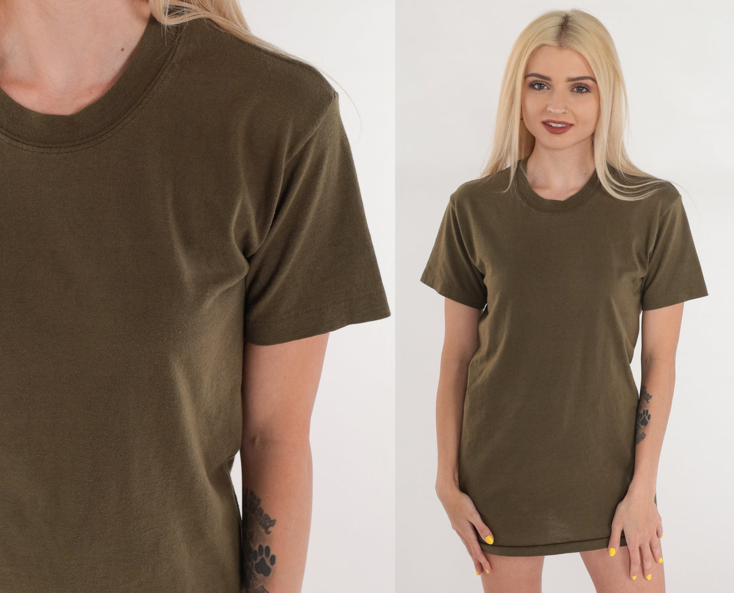 80s Olive Brown Crewneck T-Shirt Single Stitch Plain Tee Small S