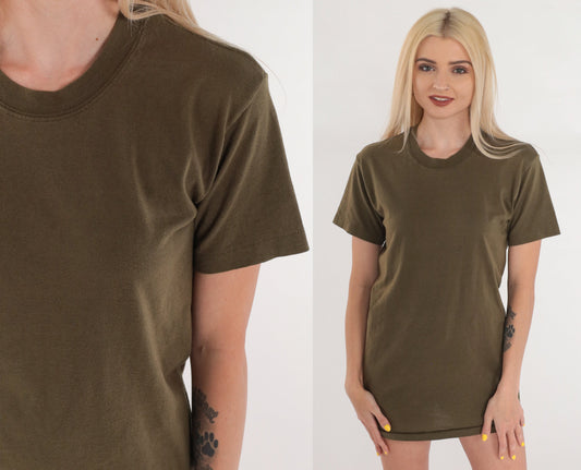 80s Olive Brown Crewneck T-Shirt Single Stitch Plain Tee Small S