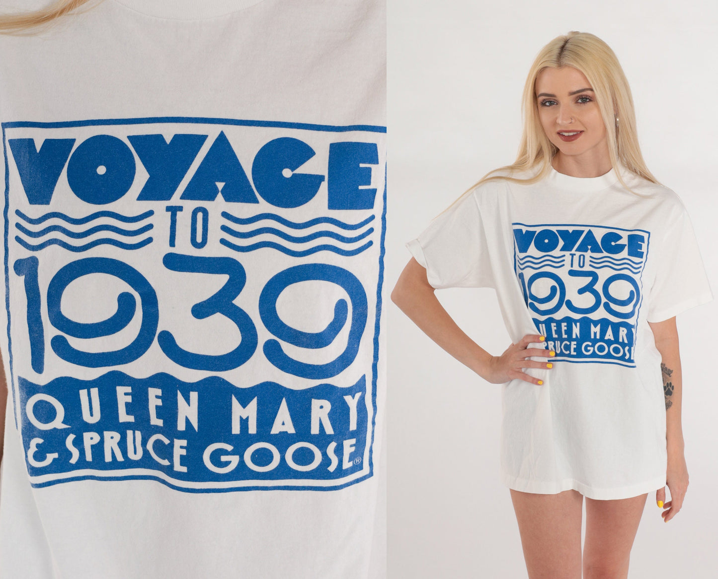 Y2K Queen Mary Spruce Goose Graphic T-Shirt White Cotton Tee Medium