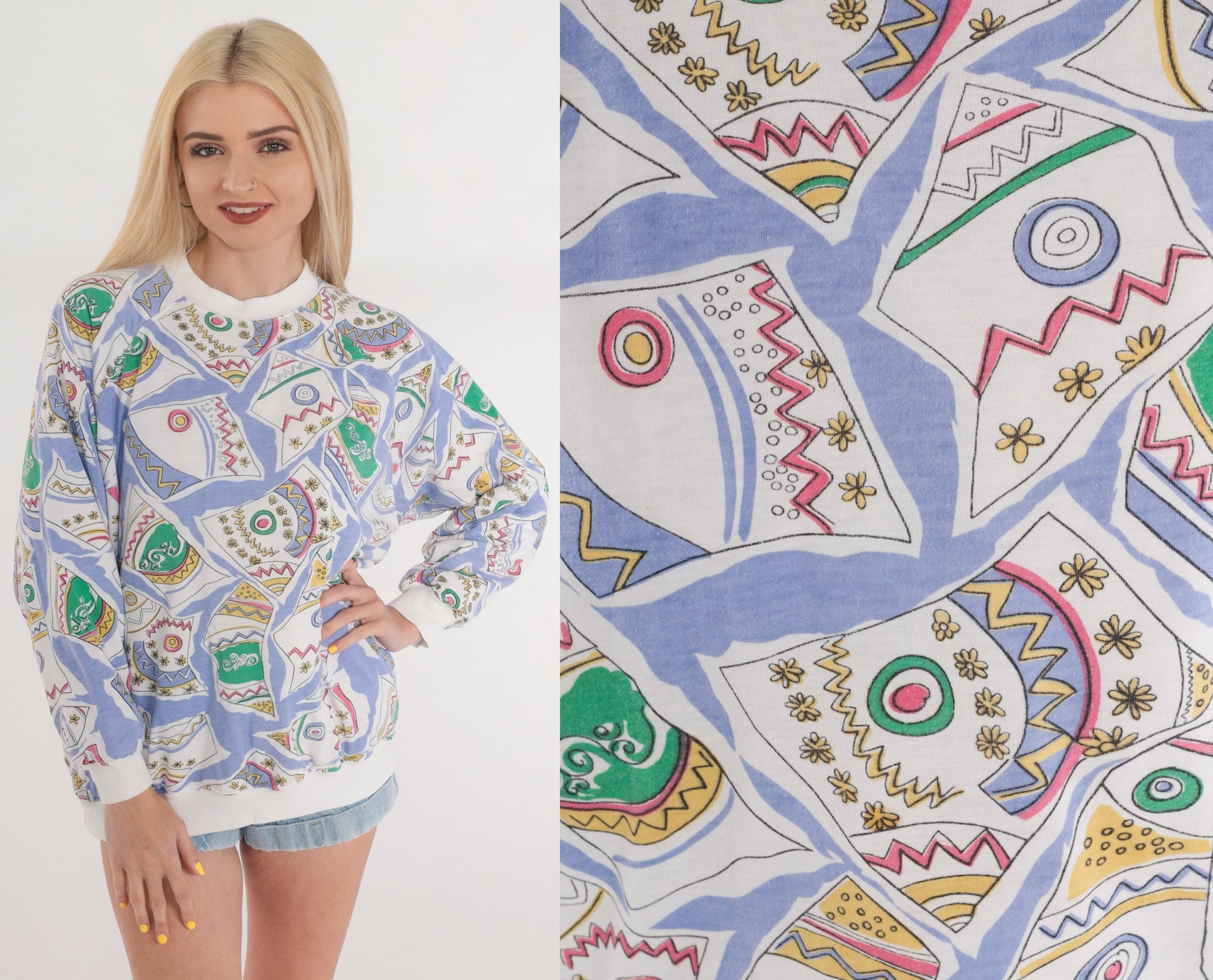90s Abstract Floral Sweatshirt White Graphic Ringer Crewneck Medium M