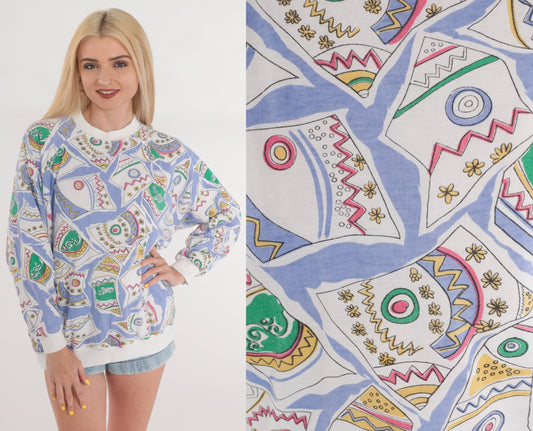90s Abstract Floral Sweatshirt White Graphic Ringer Crewneck Medium M