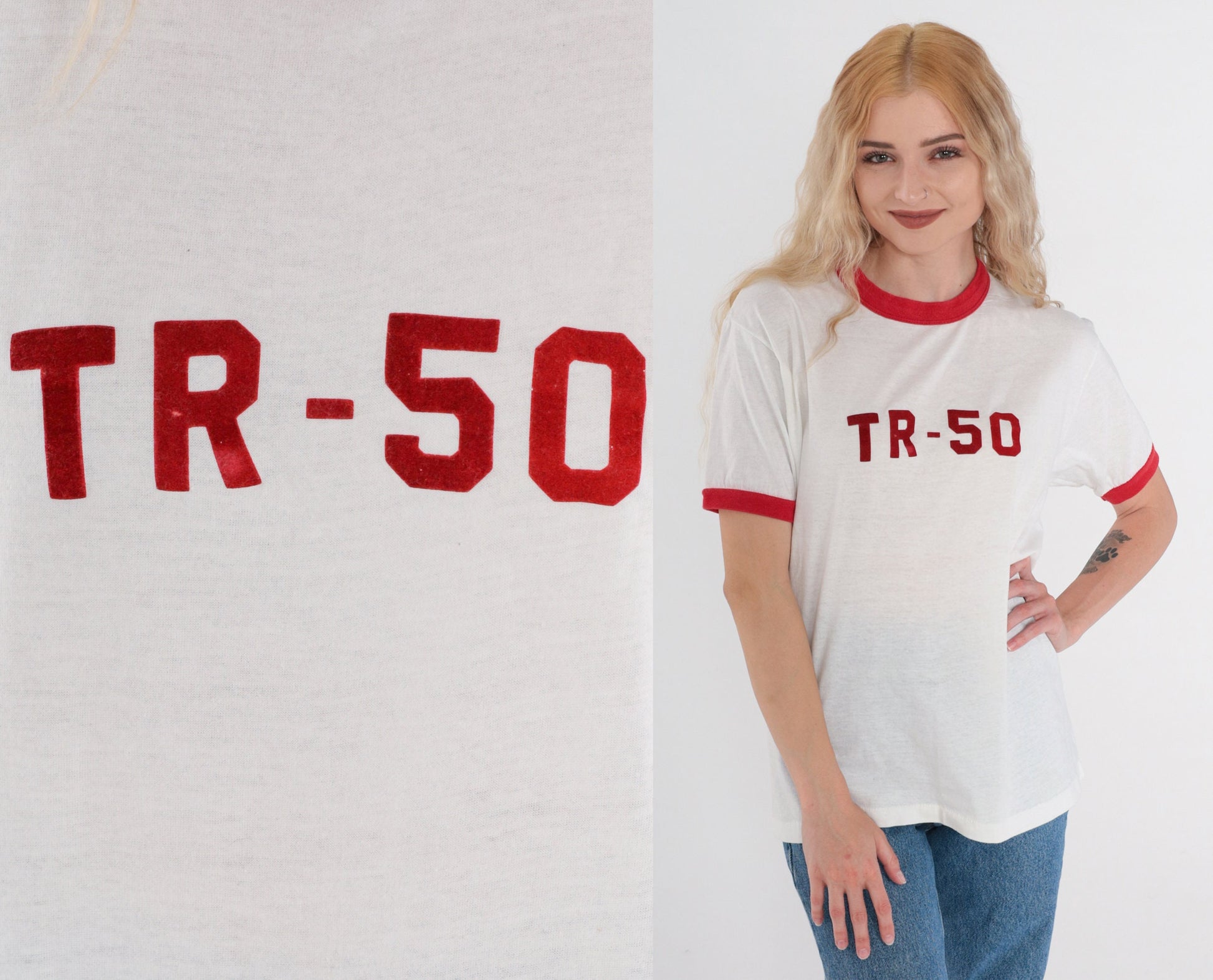 80s TR-50 Ringer Tee White Red Graphic T-Shirt Single Stitch Large L
