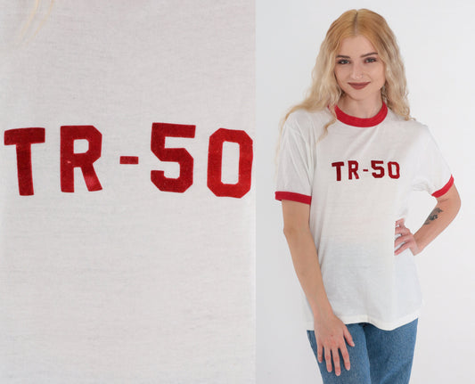 80s TR-50 Ringer Tee White Red Graphic T-Shirt Single Stitch Large L