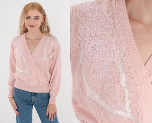 80s Pink Floral Knit Sweater V-Neck Faux Wrap Embroidered Medium M