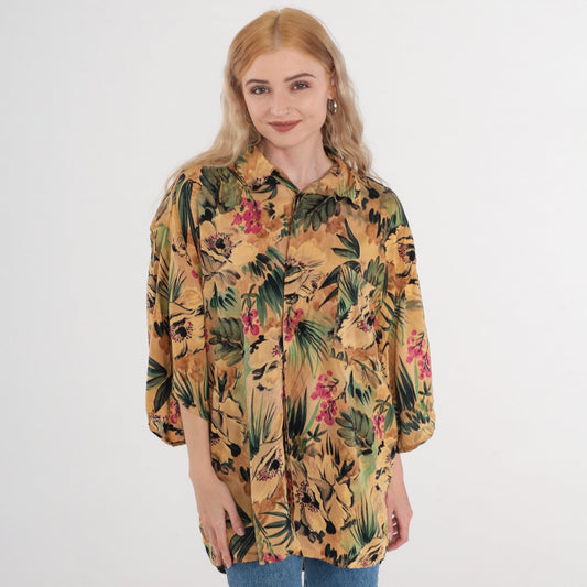 90s Tropical Floral Leaf Print Hawaiian Button-Up Shirt Tan Green Pink Men's XL
