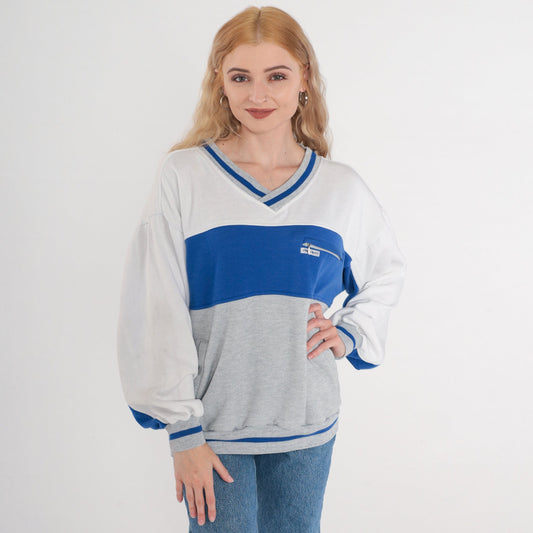 90s Pierre Cardin Color Block V-Neck Sweatshirt Blue Grey White Men's Large L