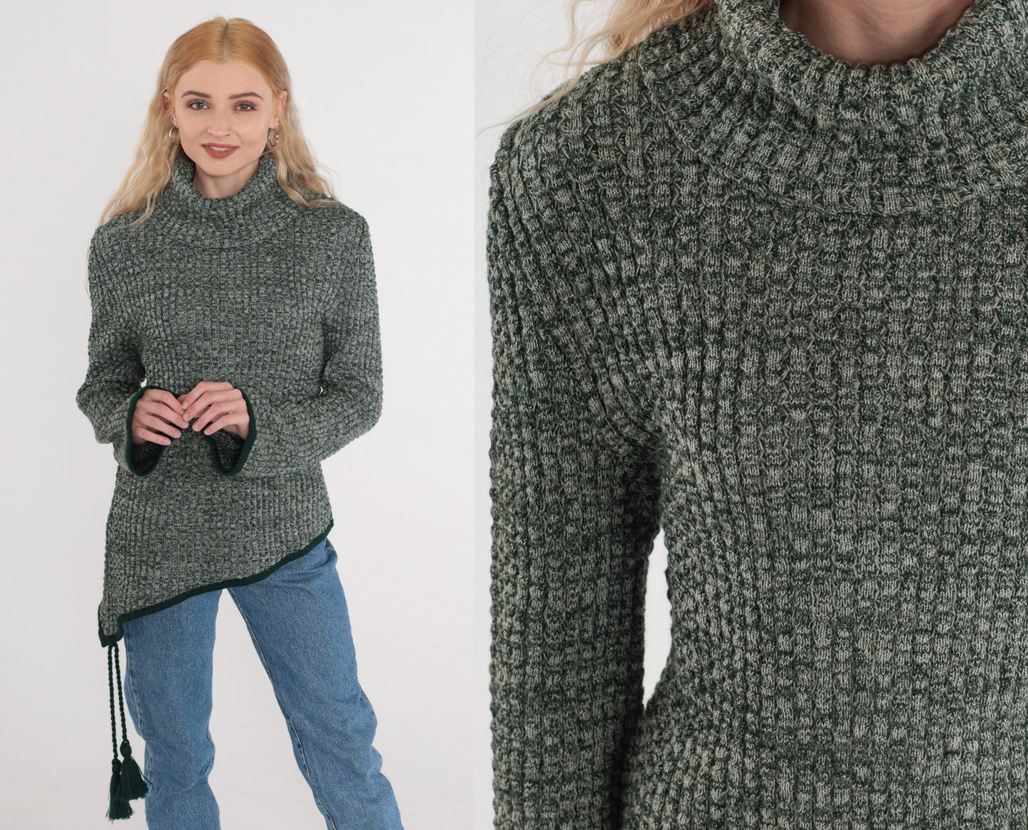 80s Heather Green Wool Blend Turtleneck Sweater Asymmetrical Hem Tassel Medium Large