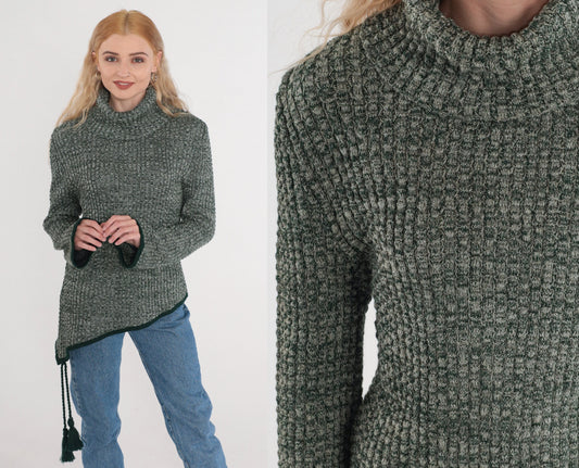 80s Heather Green Wool Blend Turtleneck Sweater Asymmetrical Hem Tassel Medium Large