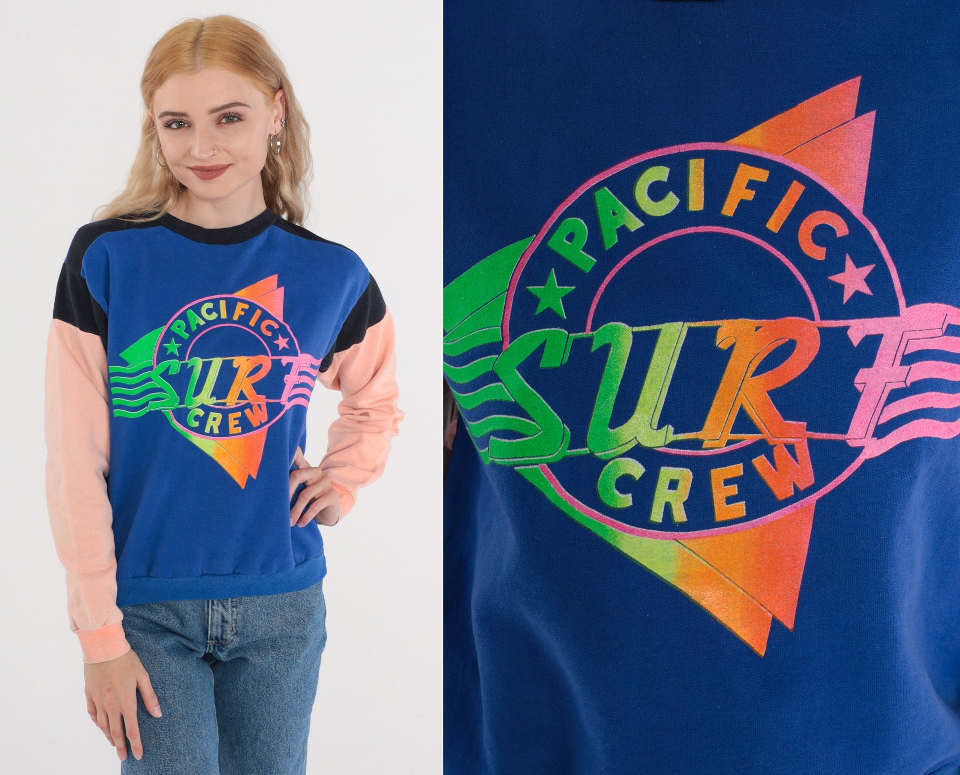 90s Pacific Crew Surf Graphic Sweatshirt Color Block Blue Peach Black Extra Small