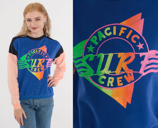 90s Pacific Crew Surf Graphic Sweatshirt Color Block Blue Peach Black Extra Small