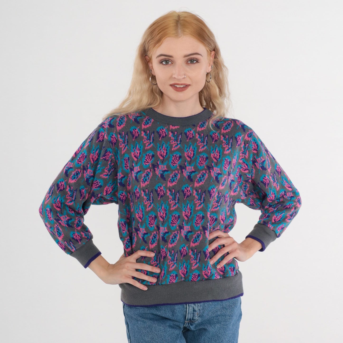 90s Floral Knit Sweater Grey Ringer Crewneck Pink Purple Blue Small