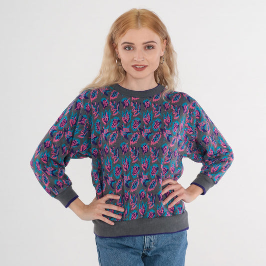 90s Floral Knit Sweater Grey Ringer Crewneck Pink Purple Blue Small