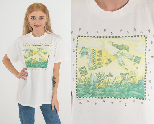 90s Plant the Earth Angel Gardening Graphic T-Shirt White Cotton Medium