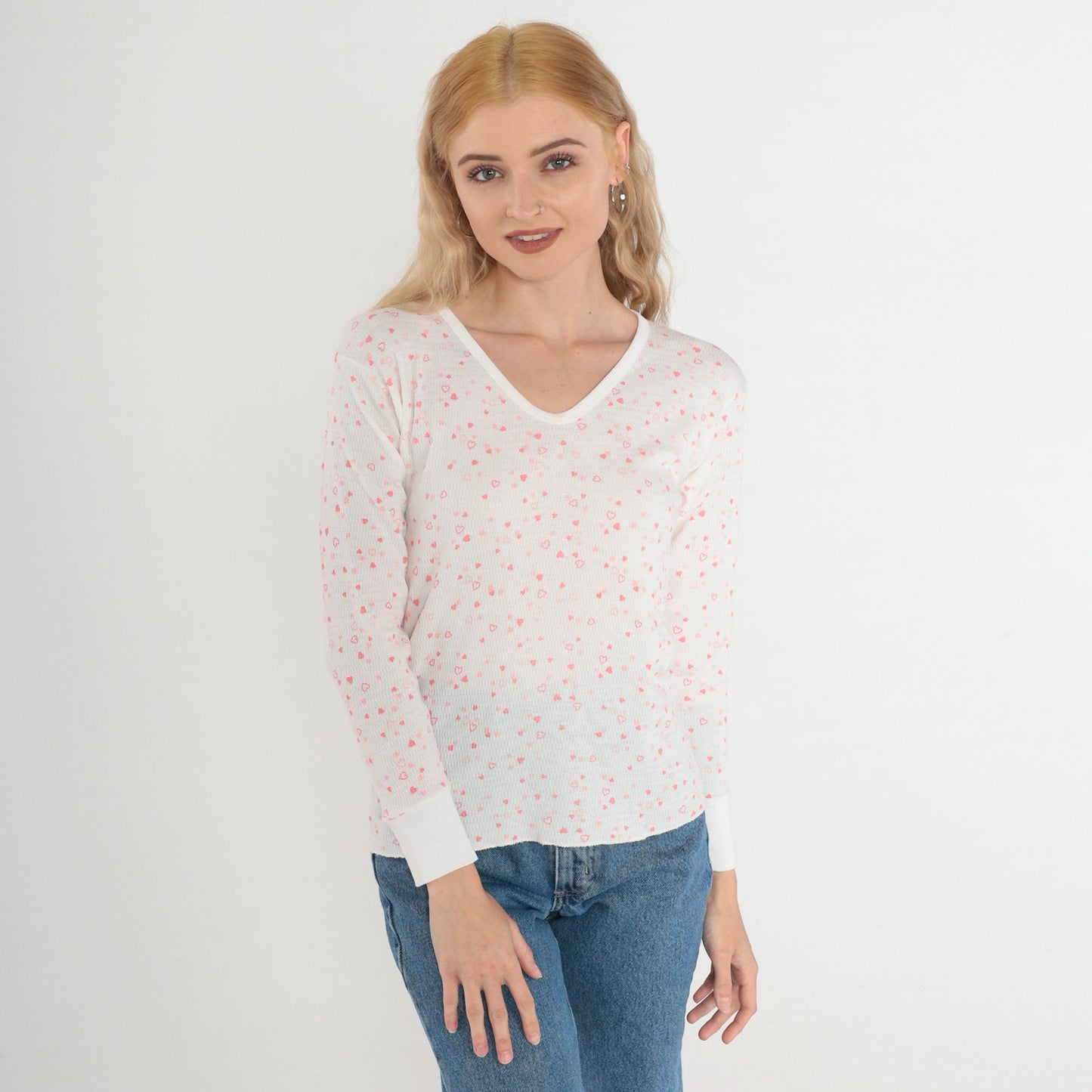 80s Heart Print Waffle Knit Thermal Shirt White V-Neck Long Sleeve Small