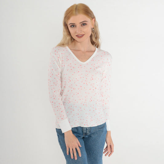 80s Heart Print Waffle Knit Thermal Shirt White V-Neck Long Sleeve Small