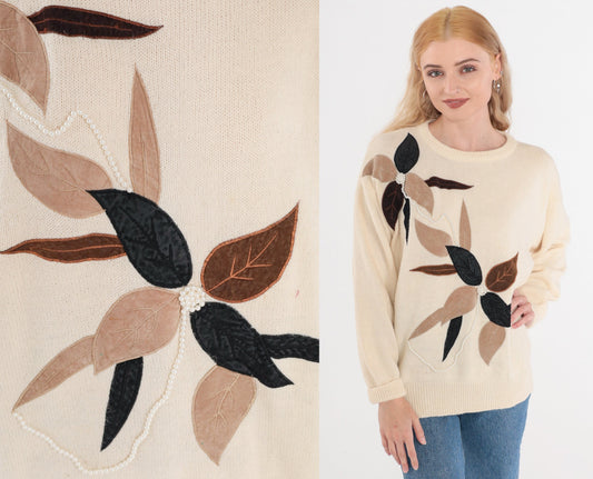 80s Cream Floral Beaded Knit Sweater Pearl Embroidered Pullover Medium