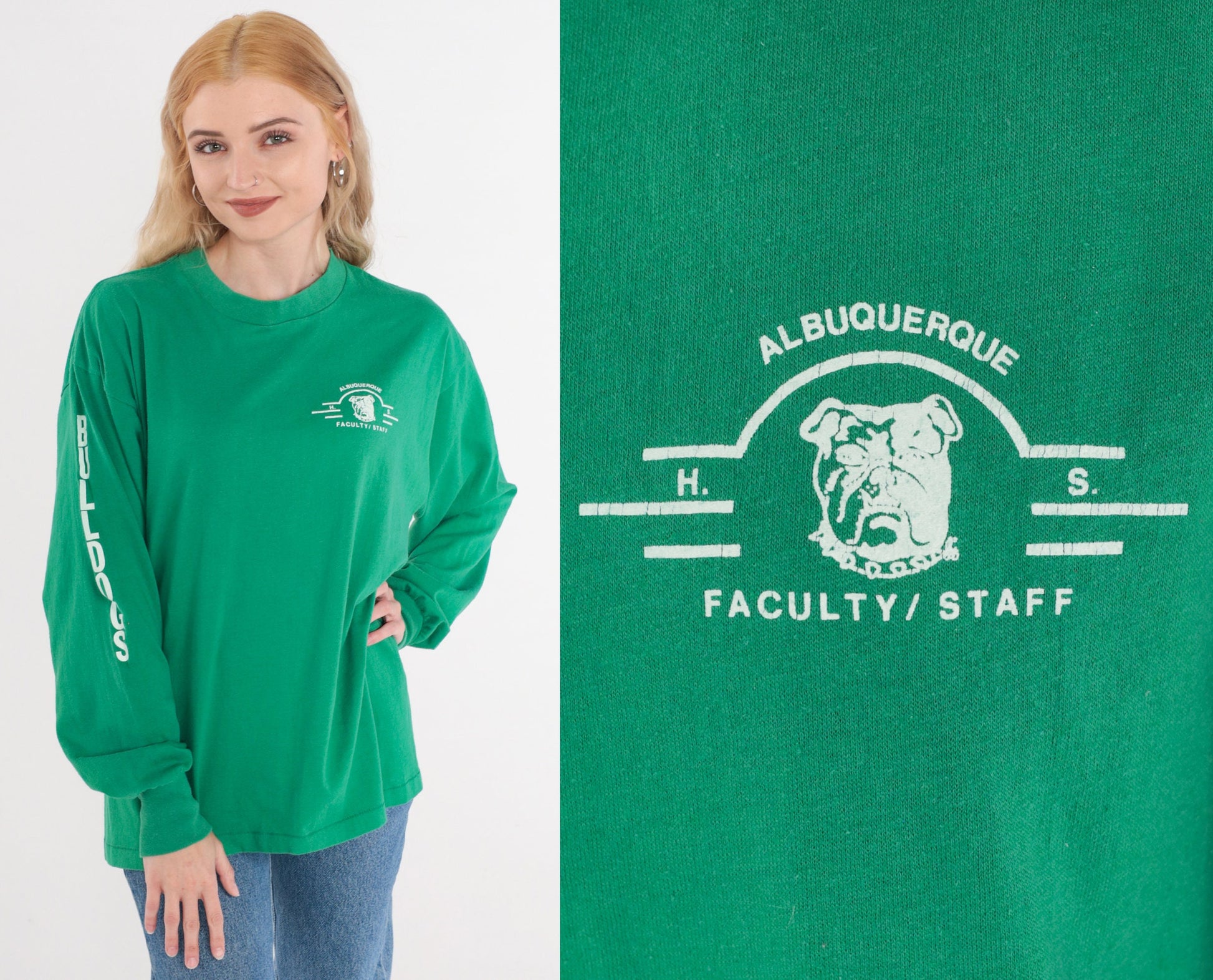 80s Albuquerque High School Bulldogs Faculty Long Sleeve Tee Green Large