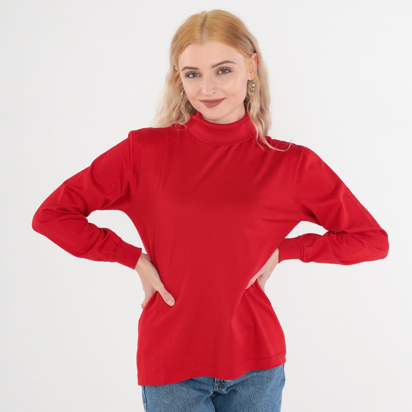 80s Red Turtleneck Long Sleeve Cotton Pullover Medium