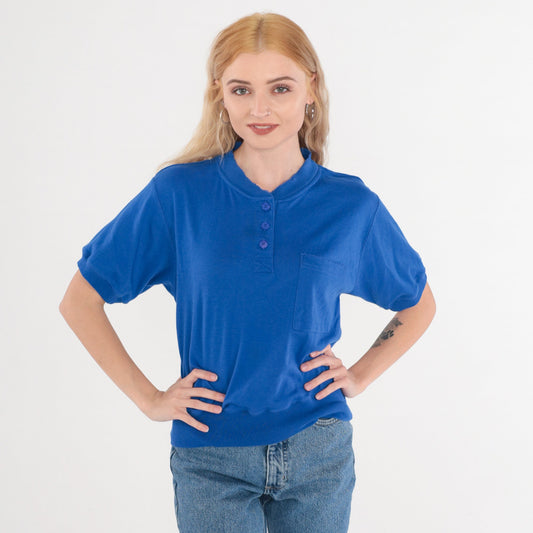 80s Royal Blue Henley Shirt Short Sleeve Banded Hem Small