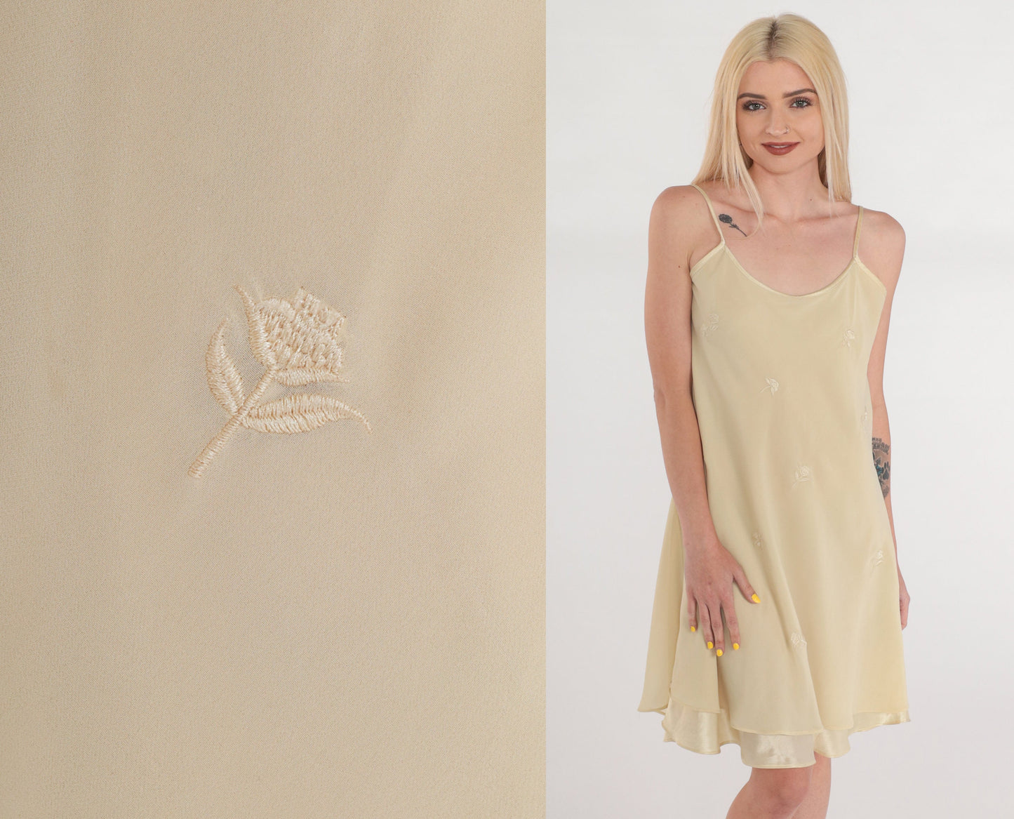 90s Cream Floral Embroidered Slip Dress Mini Spaghetti Strap Layered Large