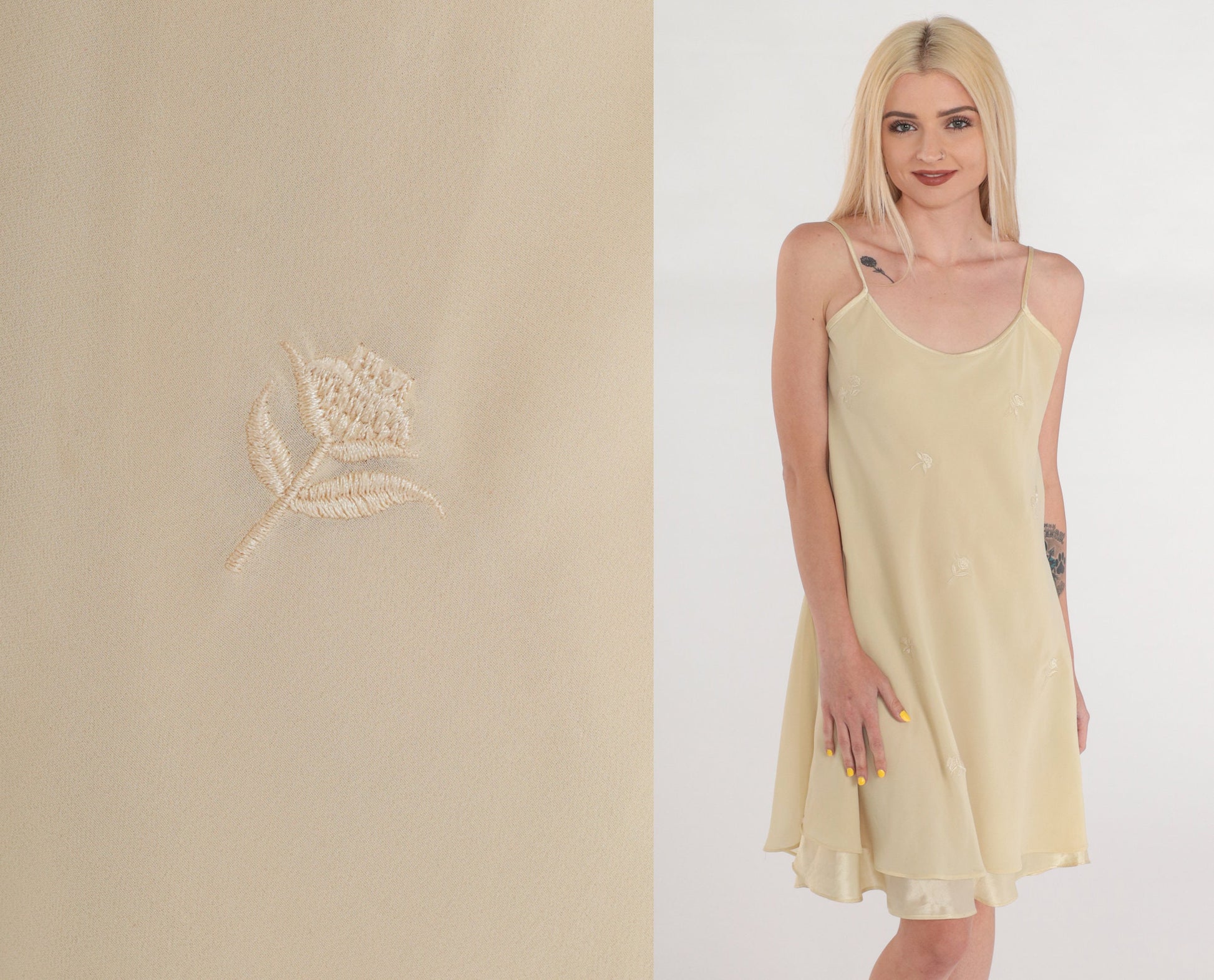 90s Cream Floral Embroidered Slip Dress Mini Spaghetti Strap Layered Large