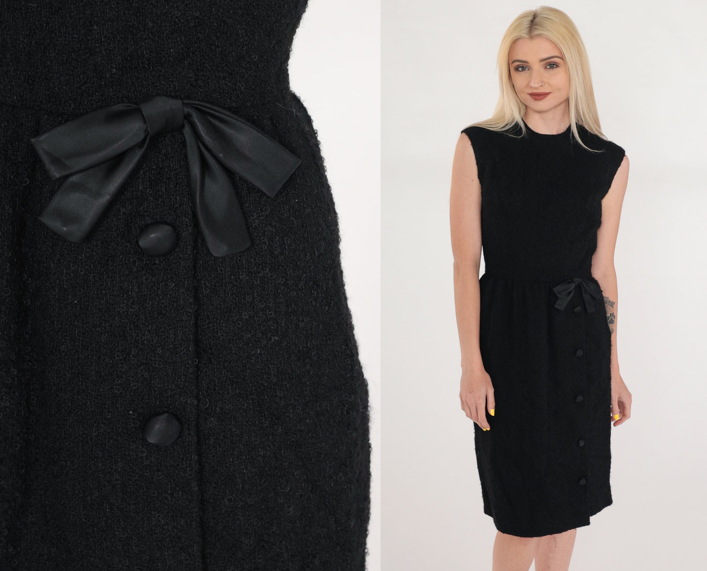 60s Black Wool Sheath Dress Sleeveless Bow Waist Knee Length XS