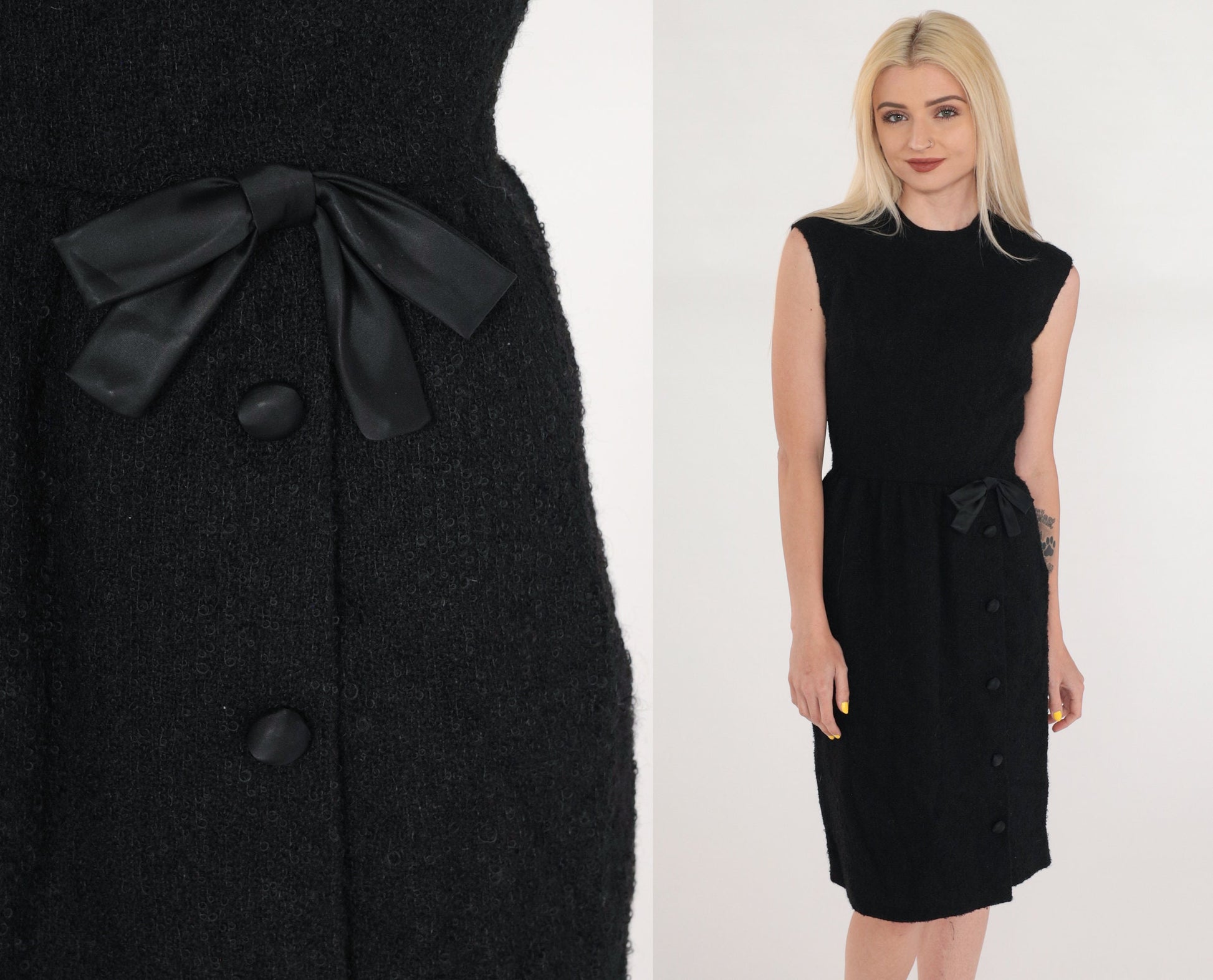 60s Black Wool Sheath Dress Sleeveless Bow Waist Knee Length XS