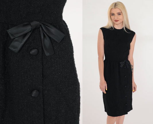 60s Black Wool Sheath Dress Sleeveless Bow Waist Knee Length XS