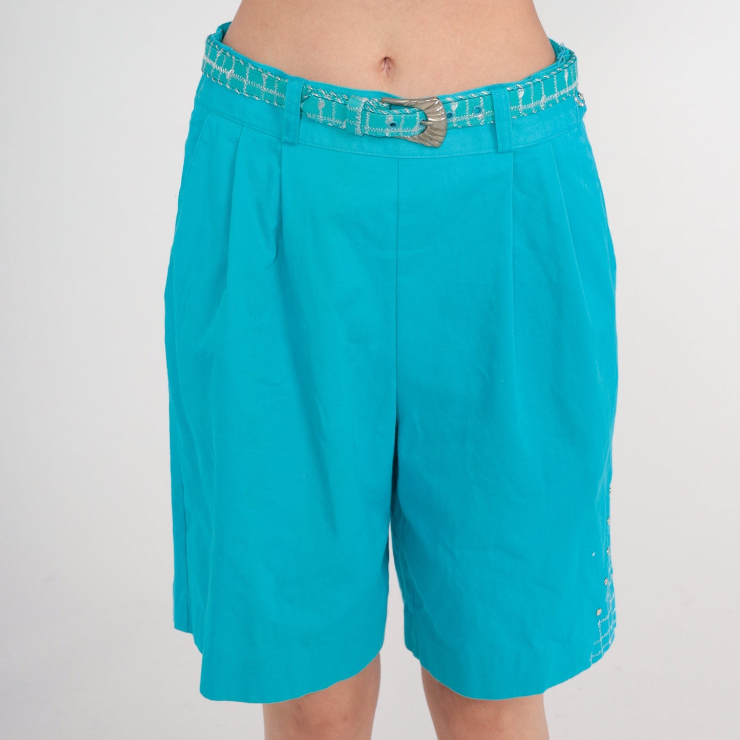 90s Turquoise Metallic Studded Pleated High-Waist Shorts Cotton Medium