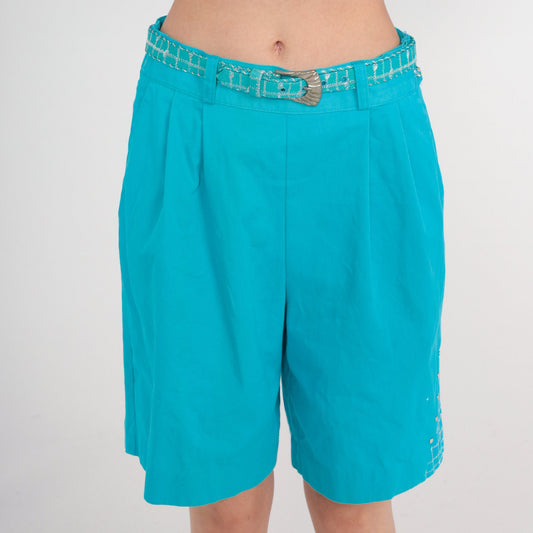 90s Turquoise Metallic Studded Pleated High-Waist Shorts Cotton Medium