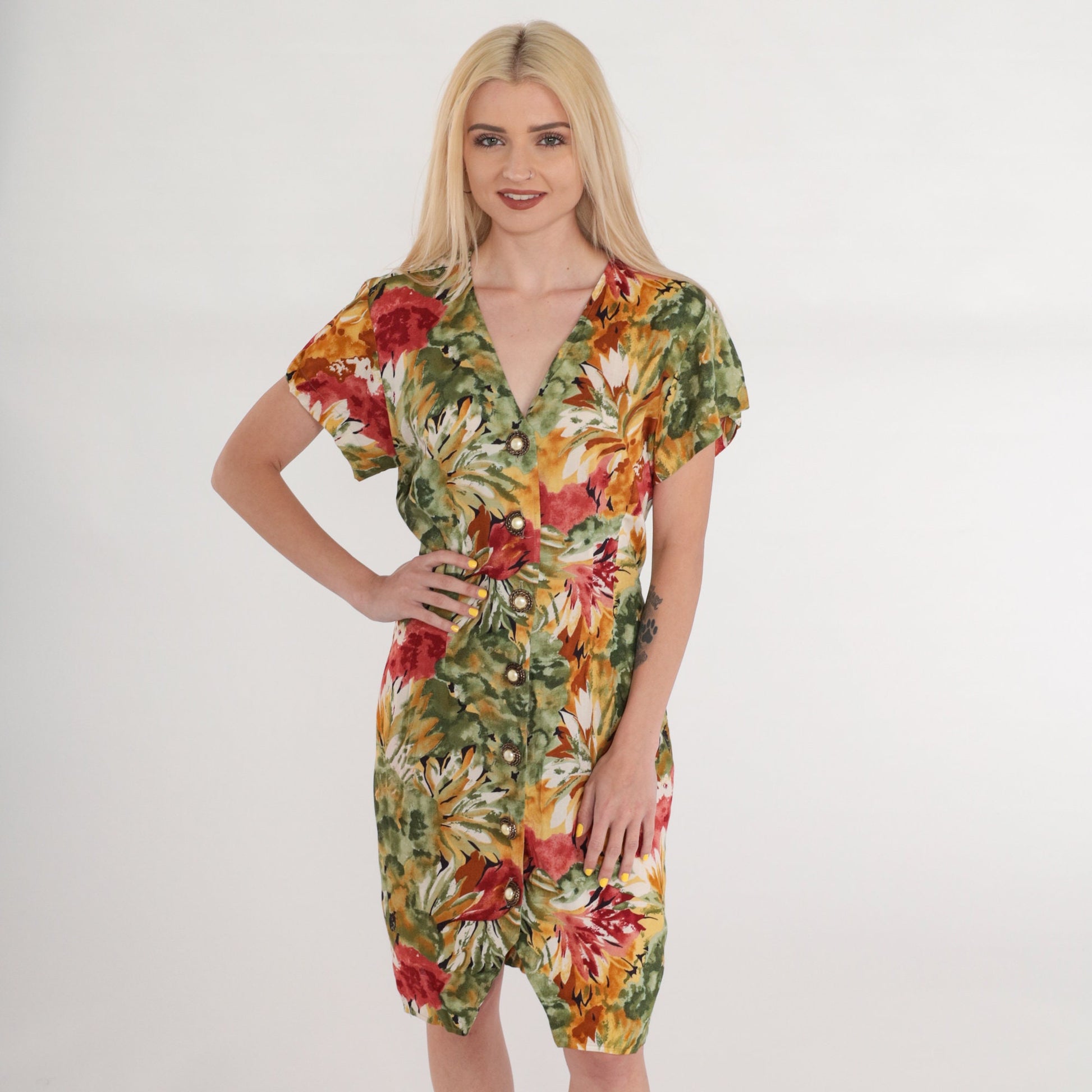 90s La Belle Floral Mini Dress Button-Up V-Neck Sheath Green Red Orange Small