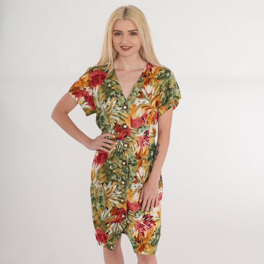90s La Belle Floral Mini Dress Button-Up V-Neck Sheath Green Red Orange Small