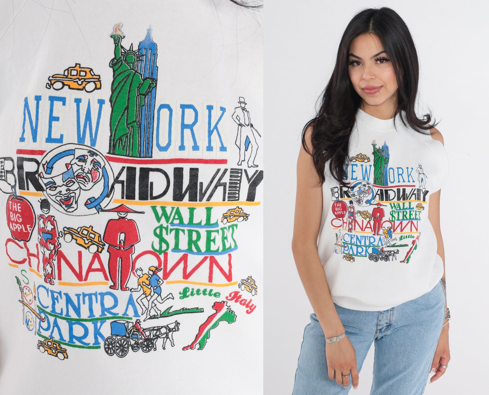 90s New York Muscle Tank Top White Graphic Cutoff Sweatshirt Medium