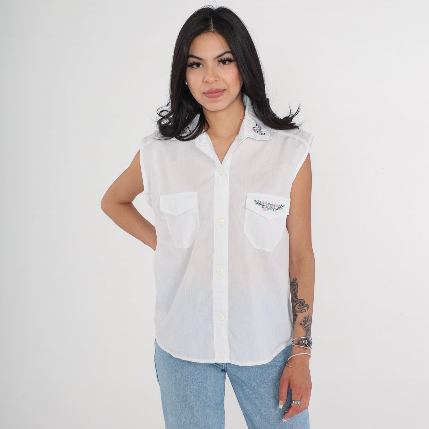 80s White Floral Embroidered Tank Top Button-Up Blouse Medium Large