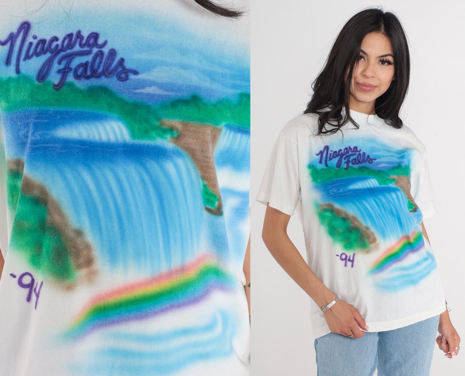 90s Niagara Falls Airbrush T-Shirt Rainbow Waterfall Graphic Tee White Large L