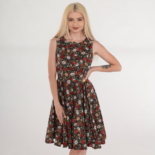 90s Floral Mini Dress Navy Rose Print Sleeveless High Waist Fit Flare Medium