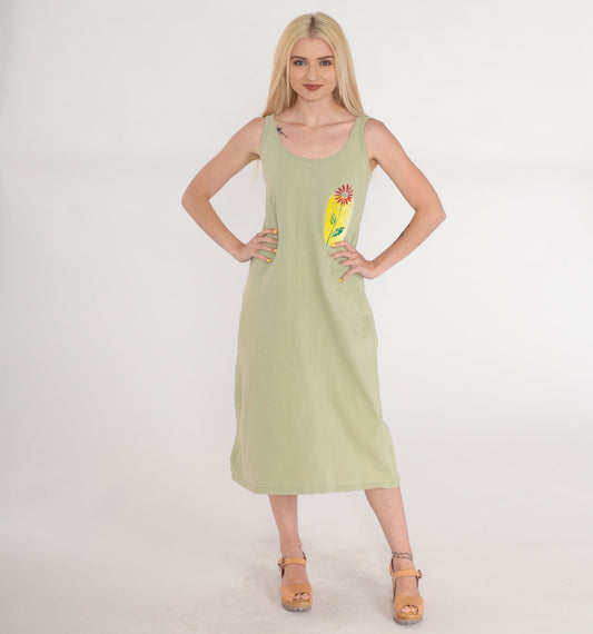 90s Green Floral Midi Sundress Sleeveless Painted Print Pocket Small