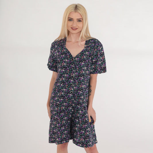 90s Floral Button-Up Romper Wide Leg Shorts Black Purple Medium M