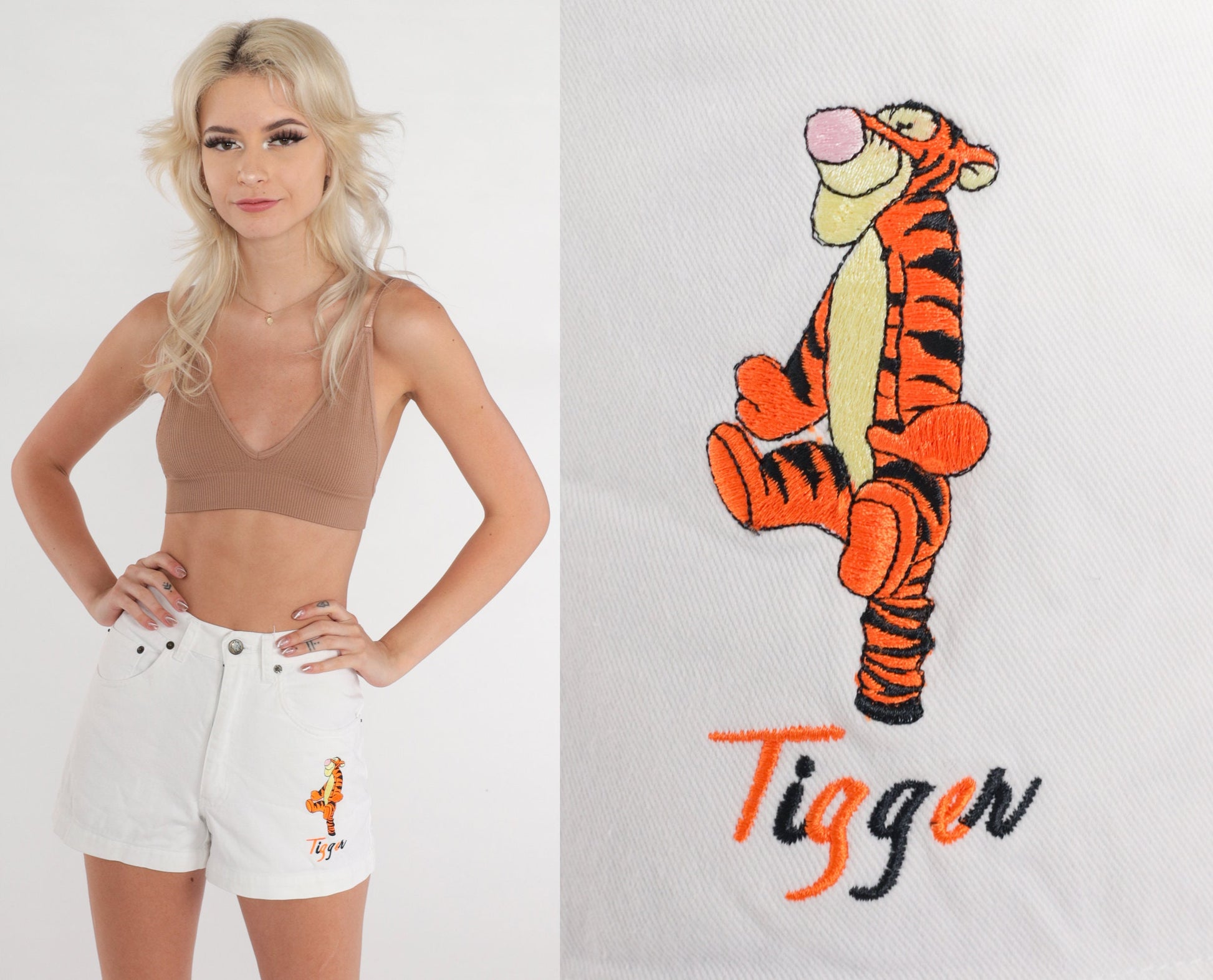 90s Tigger Winnie The Pooh White Denim Shorts High Waisted Embroidered XS