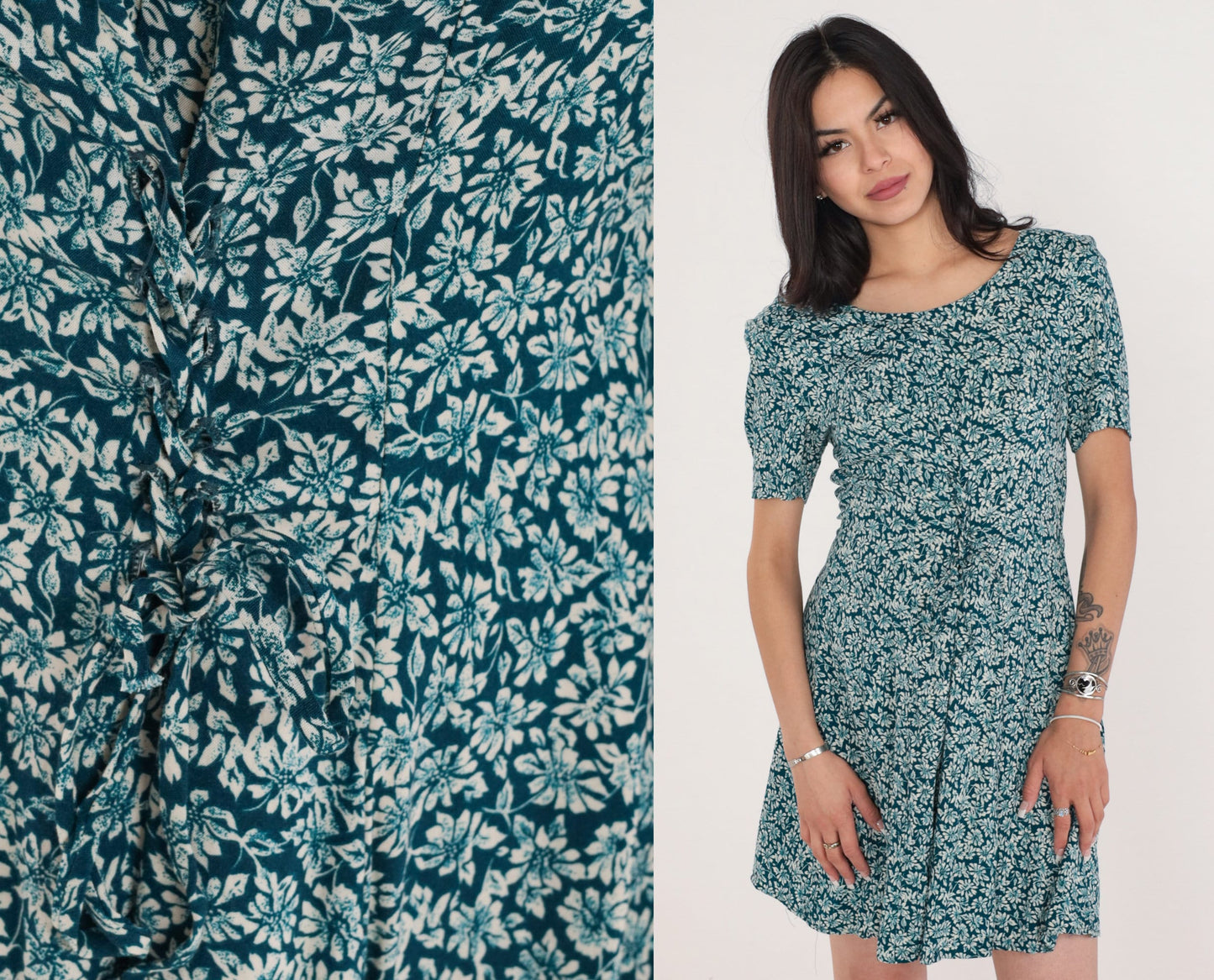 90s Blue Green Ditsy Floral Mini Dress Lace Up Corset Short Sleeve Medium