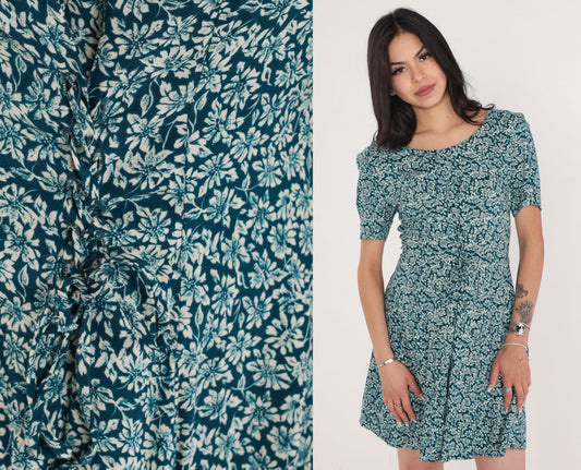 90s Blue Green Ditsy Floral Mini Dress Lace Up Corset Short Sleeve Medium