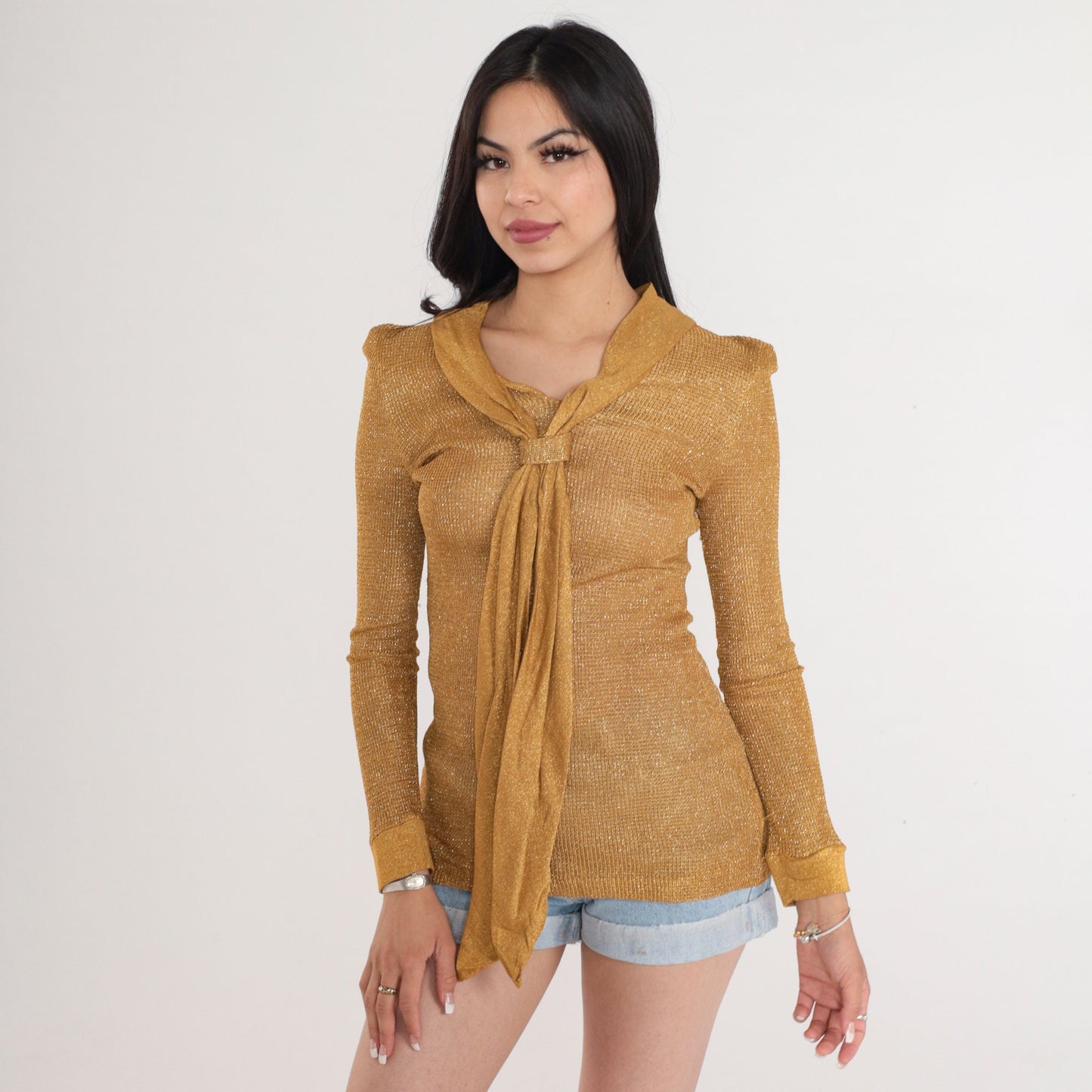 60s Alex Colman Metallic Gold Necktie Blouse Long Sleeve XS