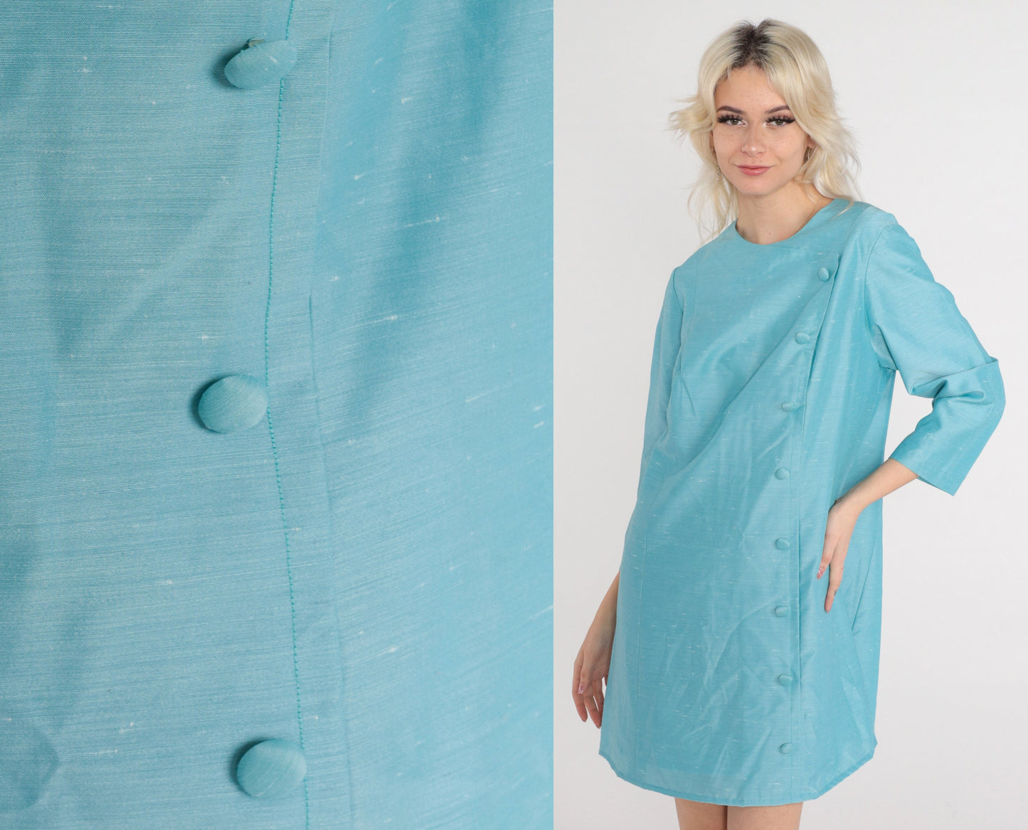 60s Blue Mod Mini Dress Button Front Long Sleeve Shift Dress Large L